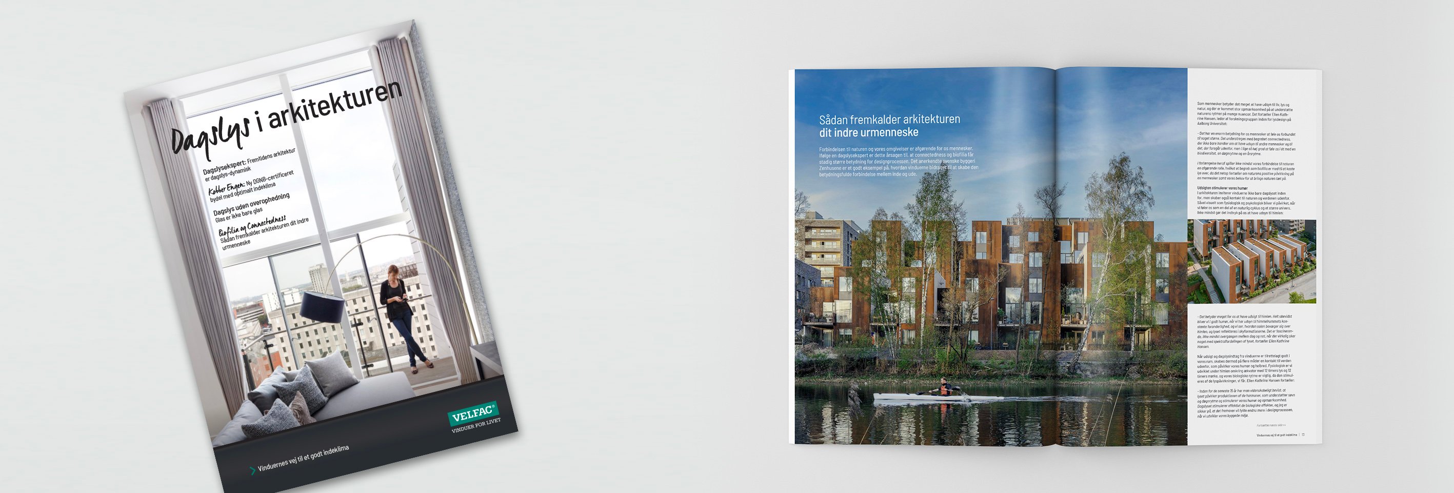 Forside og opslået side i VELFAC Dagslys i arkitekturen materiale.