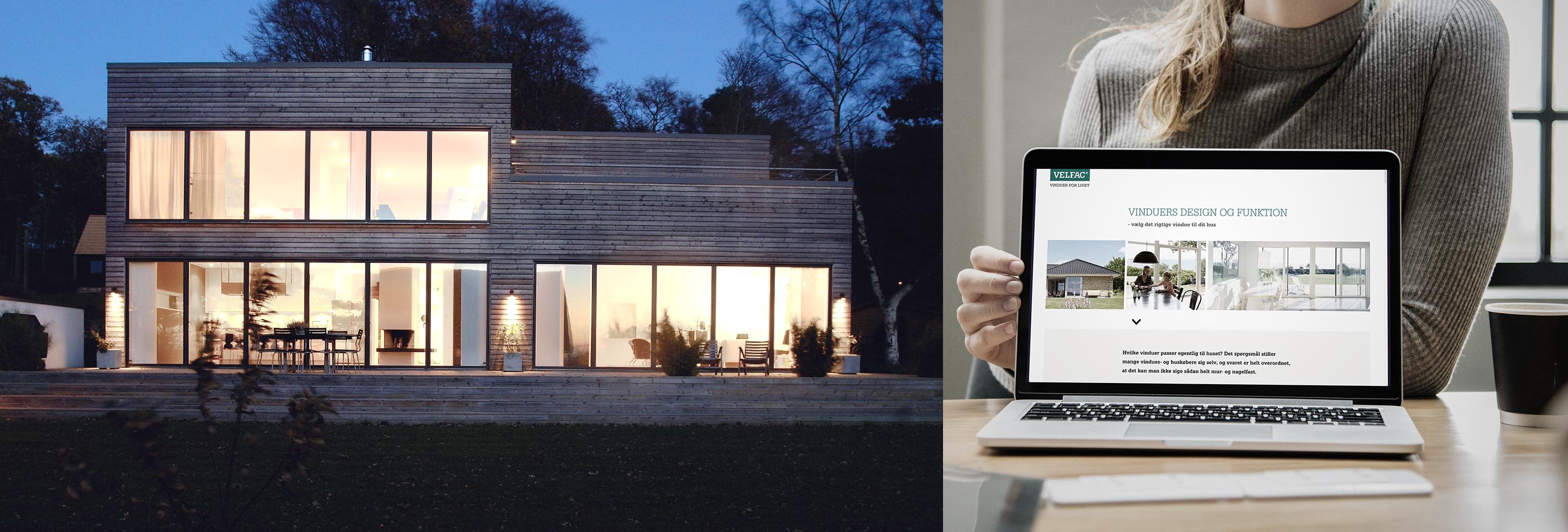 Facade på hus til venstre og en computerskærm der viser udtryksguiden til højre.